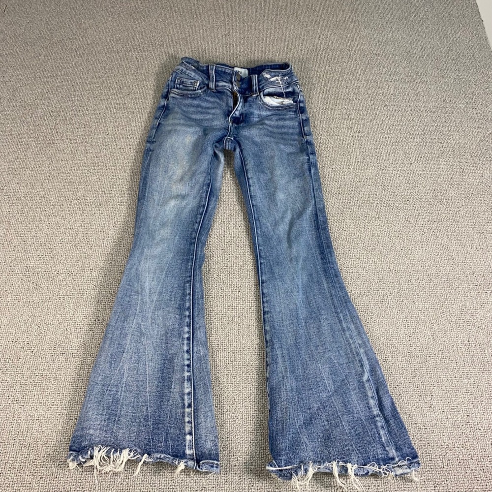 BKE Youth Flare Jeans Girls Size 8 Blue Denim Frayed Hem Distressed Stretch Pant